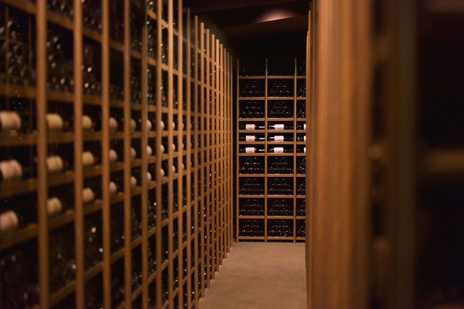 Le bottiglie sulle rastrelliere della cantina