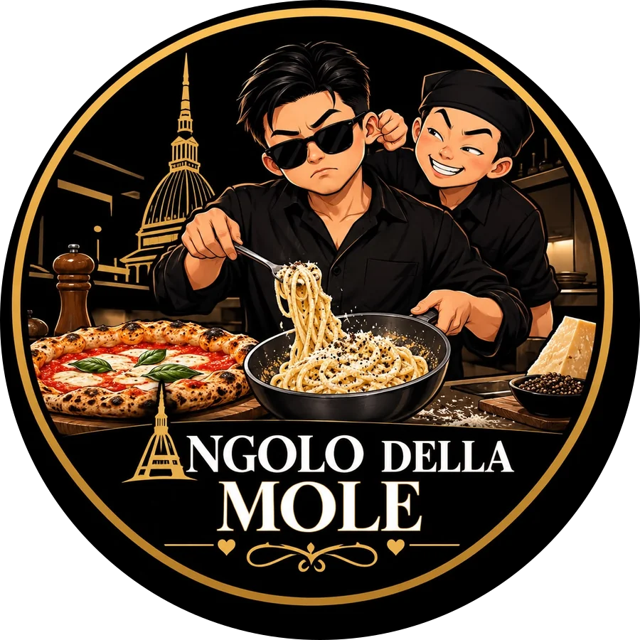 Illustrazione dei due soci in cucina, fra una pizza e una cacio e pepe, con la Mole sullo sfondo